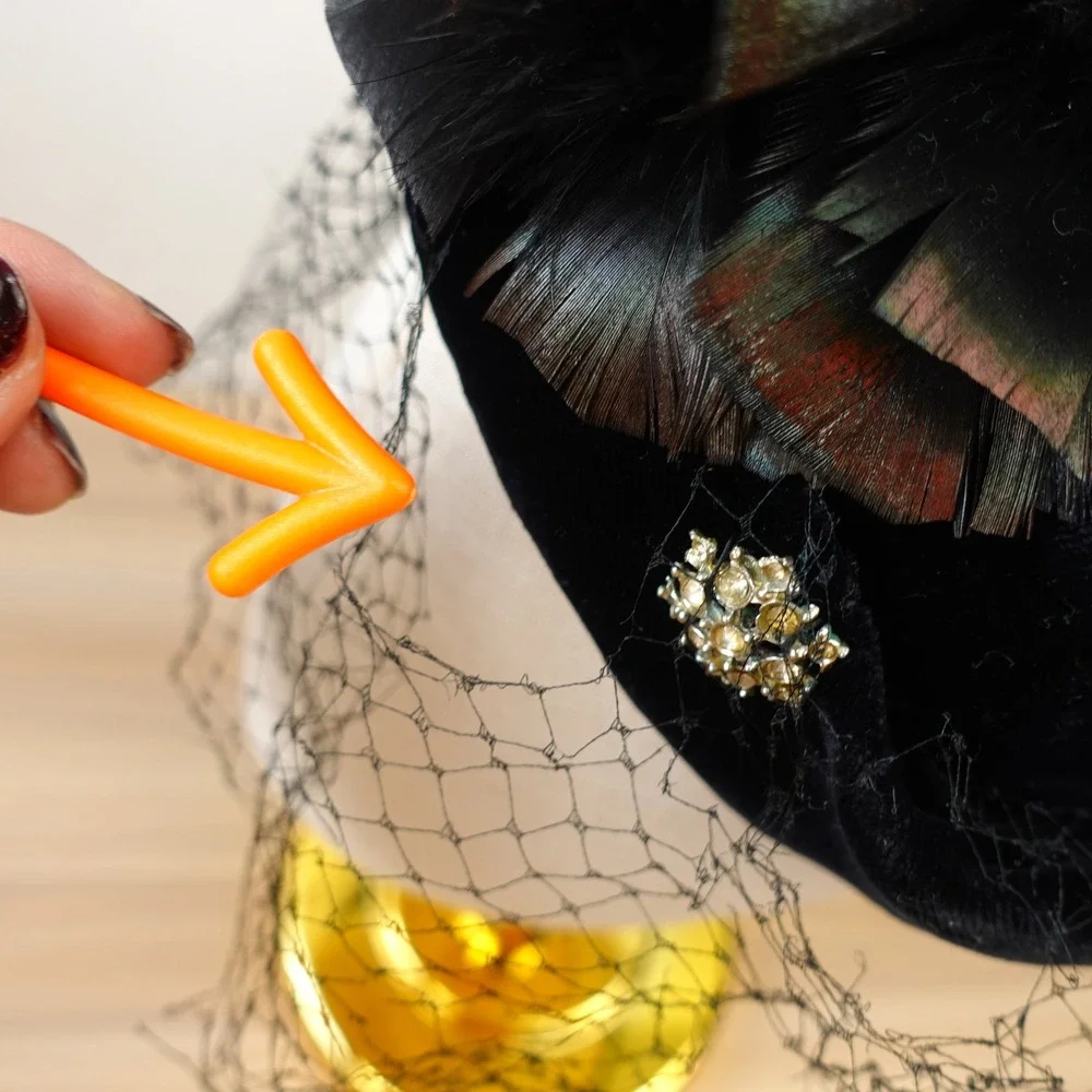 Vintage Black Velvet Hat Feather Rhinestone Brooch Veil Church Fascinator Gothic - Picture 5 of 15
